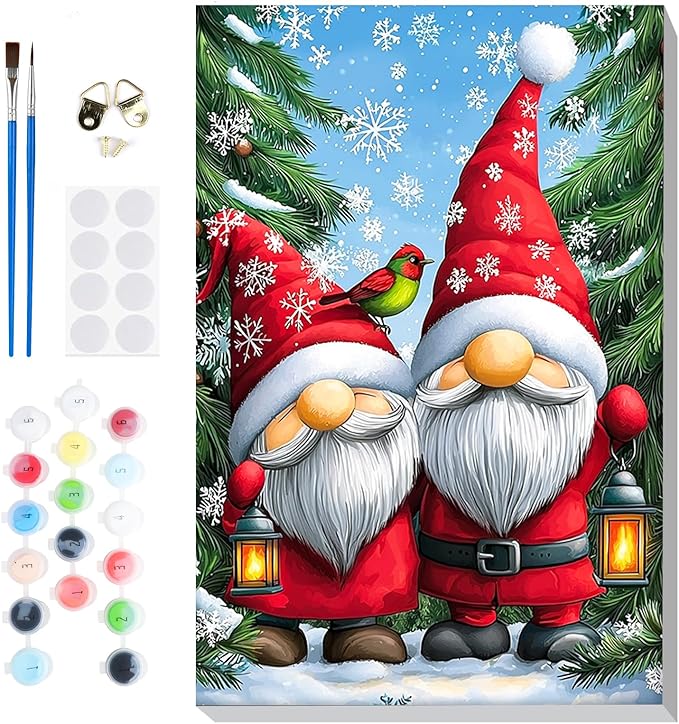 Bowetile Christmas Paint by Numbers for Adults Beginners Framed, Gnome Adults' Paint-by-Number Kits, Adult Paint by Number Kits on Canvas, Acrylic Number Painting for Home Decor, 8x12in