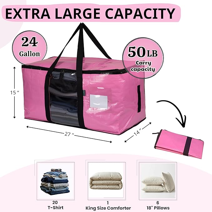 6-Pack Extra Large Heavy Duty Moving Bags with Zippers & Reinforced Handles - Pink Clothes Storage Bags, Oversized Packing Totes for Moving & Organizing