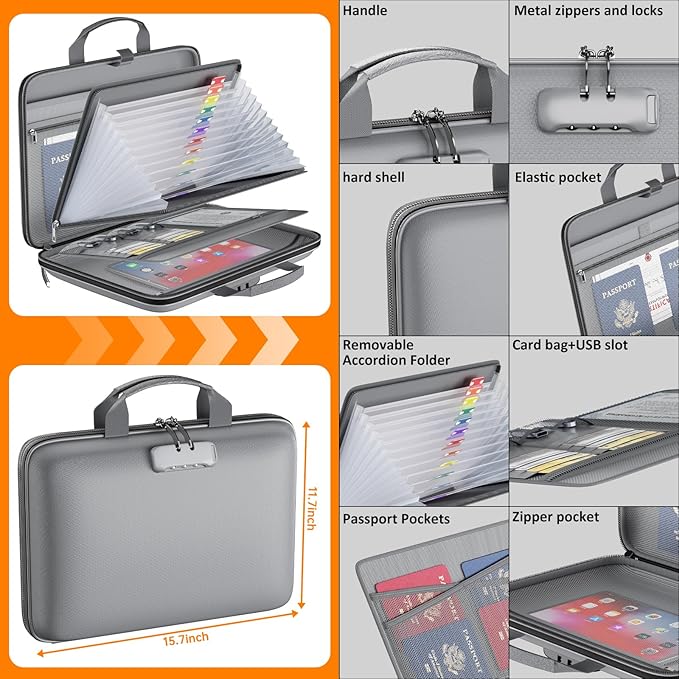 Fireproof File Organizer with Lock, Hard Case Fireproof Document Box with 13 Pockets Accordion File Folder, Important Document Organizer for Letter A4 Files Laptop Passports (Grey)