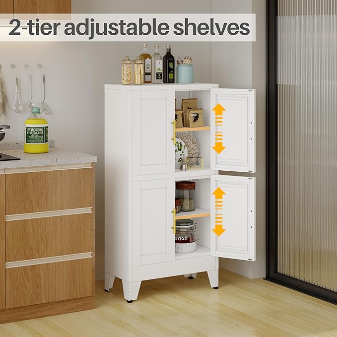 47“H White Metal Bathroom Storage Cabinet, Kitchen Pantry Cabinet with Doors and 3 Adjustable Shelves, Bathroom cabinets Organizer, for Home Office, Bedroom