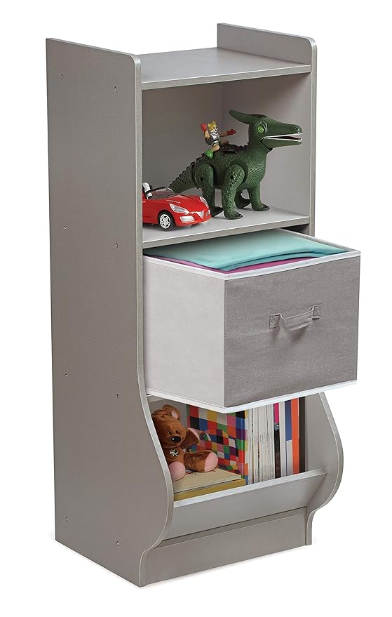 Badger Basket Upright Storage Nook with Reversible Basket - Melamine Surface, 2 Shelves & 1 Angled Bin, Customizable Storage Solution for Kids - Woodgrain Gray