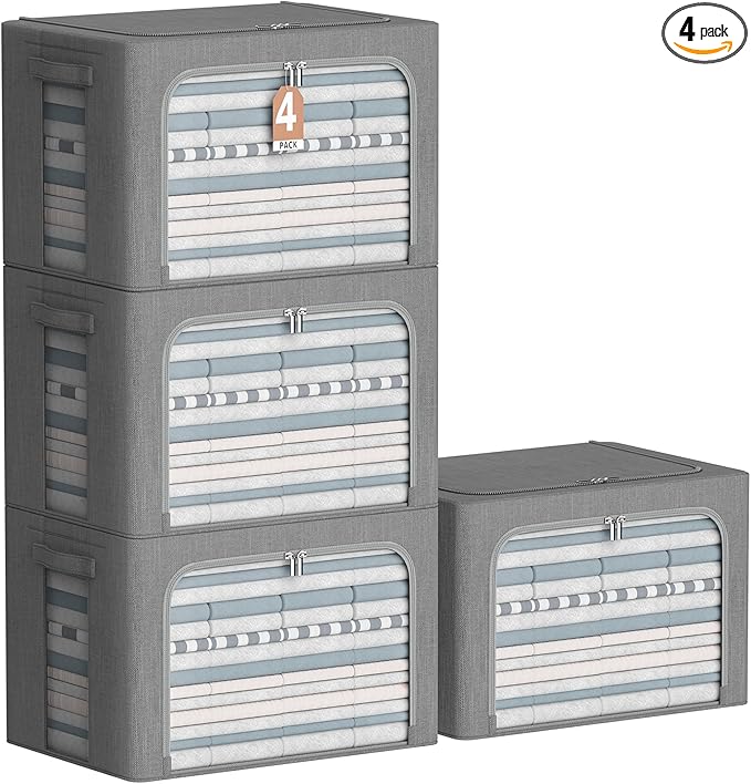 CYhom 4 Pack Clothes Storage Bins with Metal Frame - Linen Fabric Foldable Stackable Container Organizer Set with Clear Window & Carry Handles & Zippers (Dark Gray, 23.6"x16.5"x15.7")