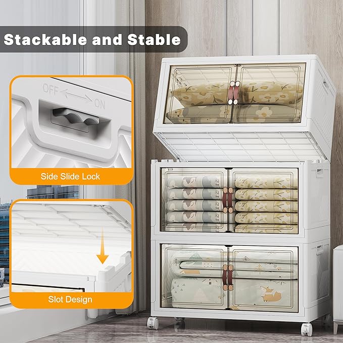 Stackable Storage Bins with Lids, 960QT Closet Organizers and Storage with Doors and Wheels, Extra Large Storage Cabinet, Collapsible Plastic Drawers for Bedroom Kitchen Office Garage