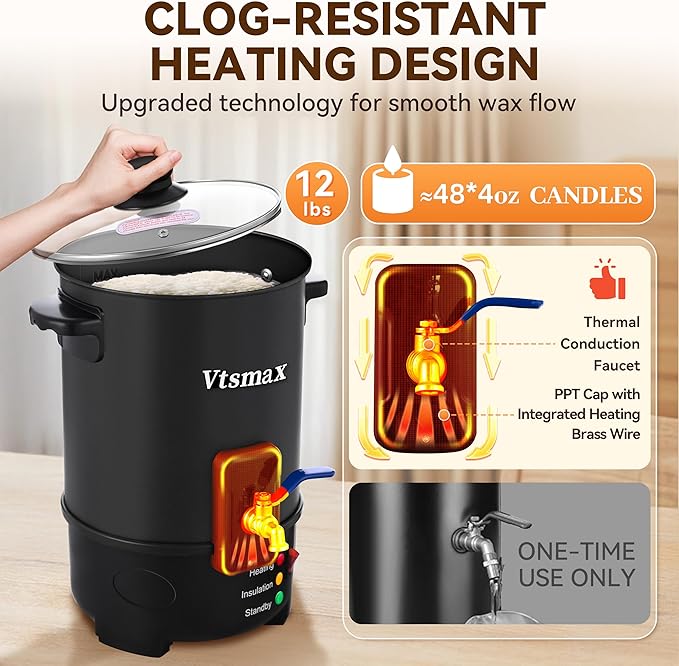 Vtsmax 12Lbs Wax Melter for Candle Making Pot with Temp Control and No-Clog Pour Spout, Easy to Use & Clean for Candle, Soap, Home & Commercial Use