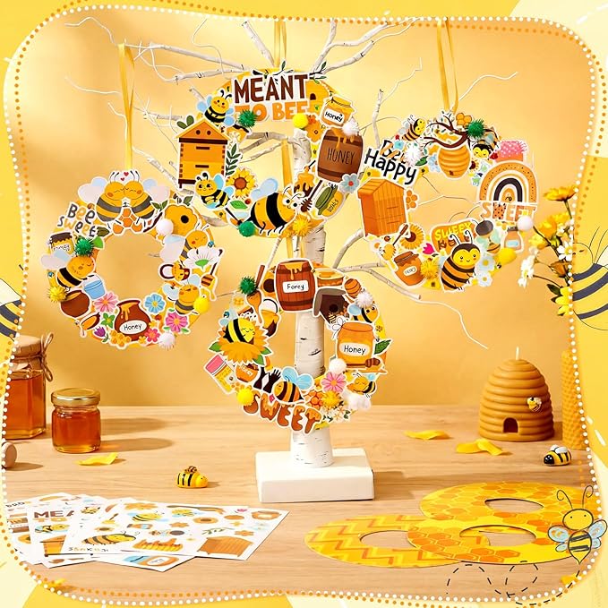 Hollowfly 48 Sets Bee Wreath Crafts Kits DIY Honey Bee Wreath Hanging Ornaments Make Your Own Paper Honeybee Craft with Sunflower Honey Flower Stickers for Summer Home Party Favors Activities