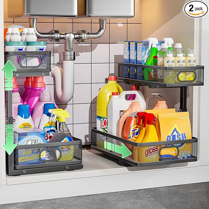 Under Sink Organizer 2 Pack, High Adjustable 2 Tier Under Sink Organizers and Storage, Slide out Metal Cabinet Organizers, Pull out Storage Drawer Shelf for Kitchen Bathroom Cabinet