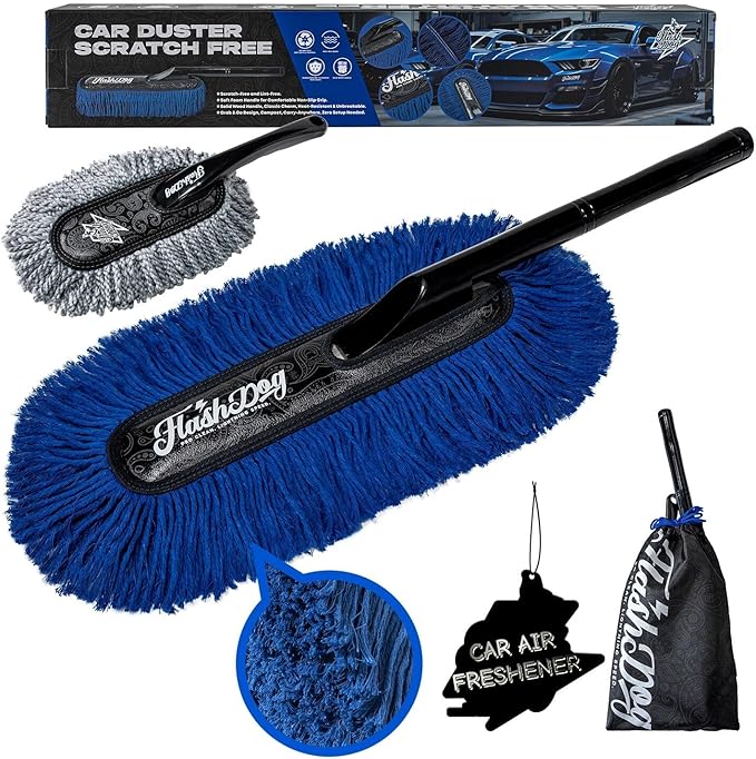 Flash Dog Car Duster Exterior Scratch Free, Waterless Cleaning Brush for Car Truck RV Boat, Gifts for Men Women, Storage Bag & Air Freshener - Wooden Handle Wax Cotton Duster & Mini Interior Brush