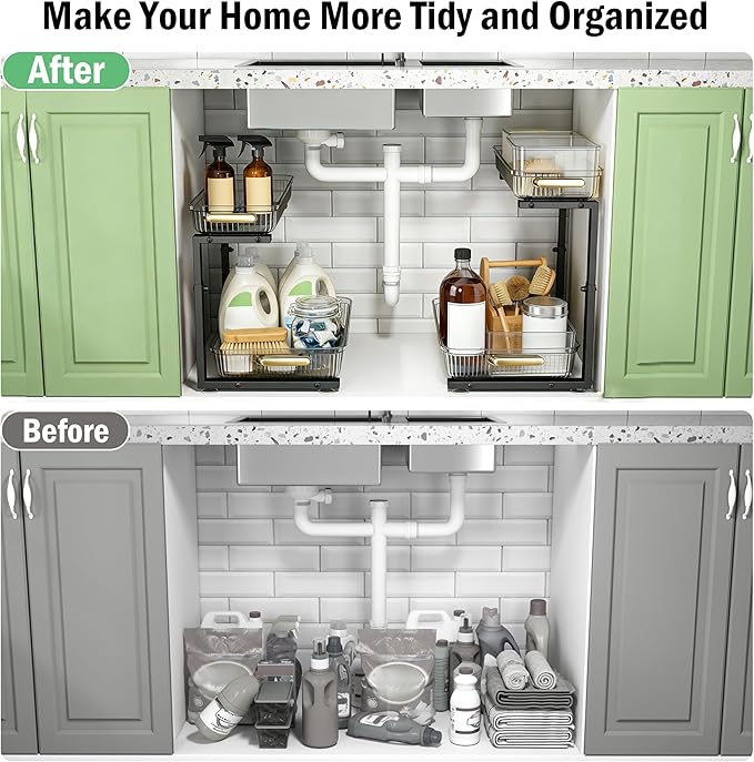 Under Sink Organizer - 2 Packs Multi-Purpose Pull-Out Storage Organizers, Slide out Pull out Cabinet Organizer Shelf, Storage for Kitchen Bathroom, Clear