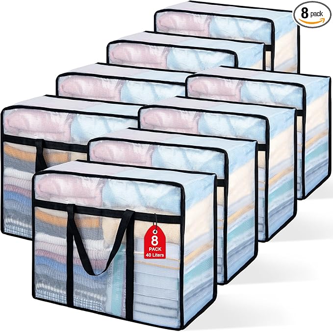 8 Pack Clear Blanket Storage Bags, Plastic Comforter Clothes Storage Bags Underded Moving Bags Closet Organizers and Storage Zippered Sturdy Handle for Bedding, Clothes, Linen, Toys, Quilt, Duvet 40L