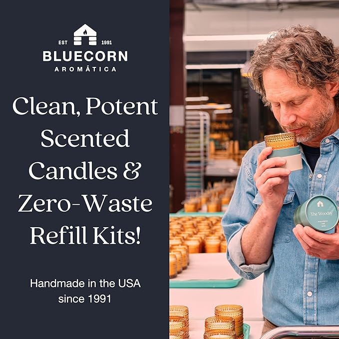 Bluecorn Aromática The Woodsy Scented Candle Refill Kit – Pine, Blue Spruce, Musk & Tonka | Clean-Burning Coconut Wax | Non-Toxic Fragrance | 100% Compostable Pouch | DIY Candle Refill | Made in USA