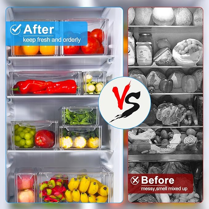 KUMD 14-Pack Clear Fridge Organizer Bins with Lids, Stackable Refrigerator Storage Containers, BPA-Free with Drain Tray & Anti-Slip Base for Fruits, Veggies, Drinks
