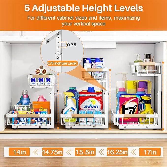 2 Pack Under Sink Organizers and Storage, Adjustable Height,2 Tier Pull Out Under Cabinet Organizer with 2 Hanging Cups and 6 Hooks,Slide Out Thickened Metal Undersink Organizers for Kitchen Bathroom