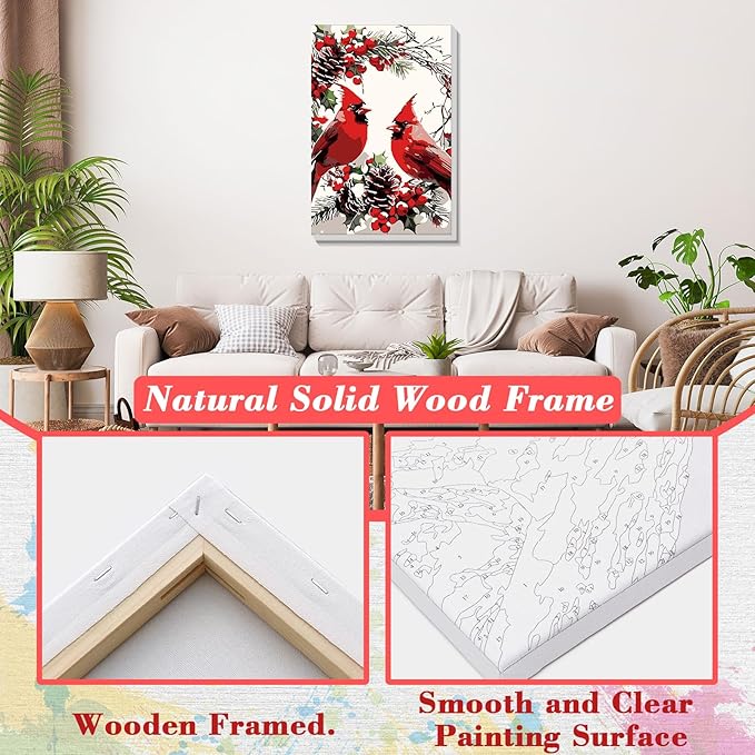 Skyboda Cardinal Paint by Numbers Kit for Adults Beginners with Frame, Christmas Adult Paint by Number Kits on Canvas, Easy DIY Oil Painting Kits for Home Decor, 8x12in