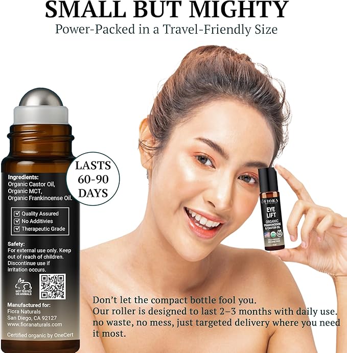 Organic Castor Oil and Frankincense Roll On – 100% Pure Hexane Free Eye Oil for Under Eye, Reduces Wrinkles, Dark Circles & Puffiness, Frankincense Essential Oil for Face Roller by Fiora Naturals