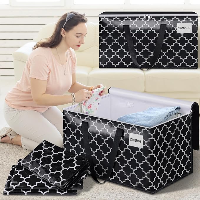 HomeHacks Heavy Duty Moving Bags with Tag Pockets, Collapsible Storage Totes for Moving, Camping & Travel -Foldable Packing Boxes, Zipper Handles, Black（2 Packs, 88L）