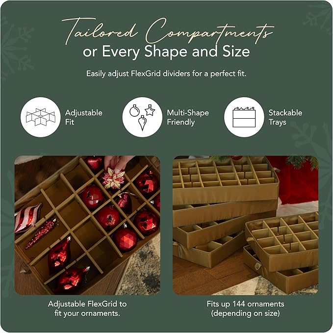 Covermates Keepsakes Adjustable Ornament Storage Bag – Heavy-Duty Polyester, Padded Dividers & FlexGrid Trays – Protective Holiday Ornament Organizer with Handles & Label Window, Red Snowflake