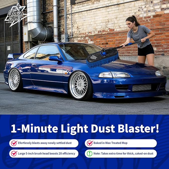 Flash Dog Waterless Car Duster - Wax Cotton Strands 360°Swivel Head & Extendable Aluminum Alloy Handle for Scratch-Free Dusting on Cars, Trucks, SUVs, RVs