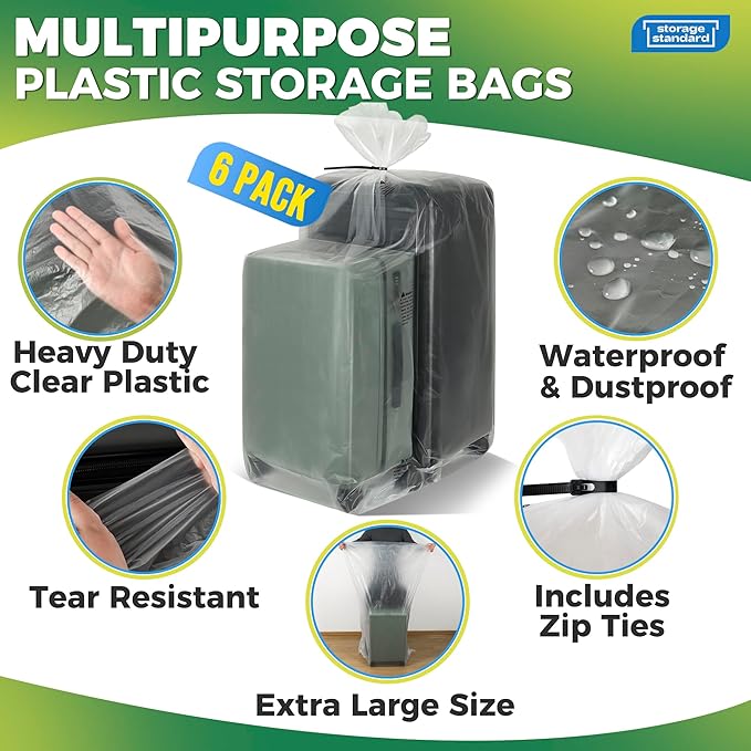 Storage Standard 6-Pack Large Clear Plastic Bags for Storage - Waterproof Extra Large Plastic Bags with Zip Ties, Heavy-Duty Cover for Luggage, Suitcases, Strollers & Travel Gear - 40 x 60 Inches