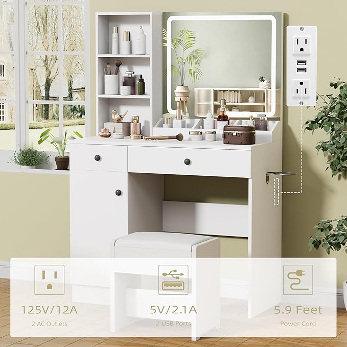 YIKEHOME Women Makeup Vanity Desk with Mirror and 11 Lights, 3-Colour Hollywood Brighter Bulbs, Vanity Table with Large Drawers and Tiers of Open Shelves for Bedroom Dressing Room White