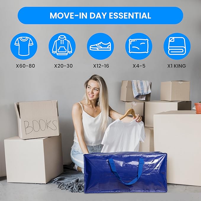 Simple Deluxe 10 Pack Extra Large Moving Bags with Backpack Straps, Strong Handles/Zippers, Heavy Duty Storage Tote for Moving Travel Camping Space Saving, Blue