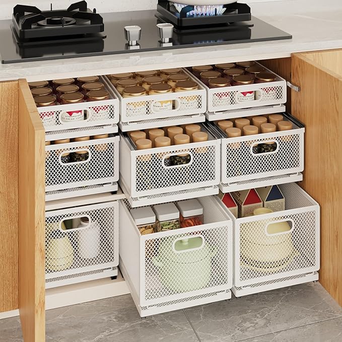 Pull Out Cabinet Organizer, Slide Out Drawers Fixed with Adhesive Nano Film, Pantry Shelves Sliding Drawer Storage Organization for Kitchen/Bathroom/Bedroom (19.7*13.8*3.3inch/50*35*8.5cm)