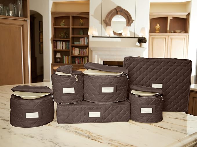 Covermates Keepsakes Dish Storage Set – Padded China & Dinnerware Storage Cases with Dividers, Cup & Stemware Storage, Quilted Polyester Protection, ID Window, Bronze