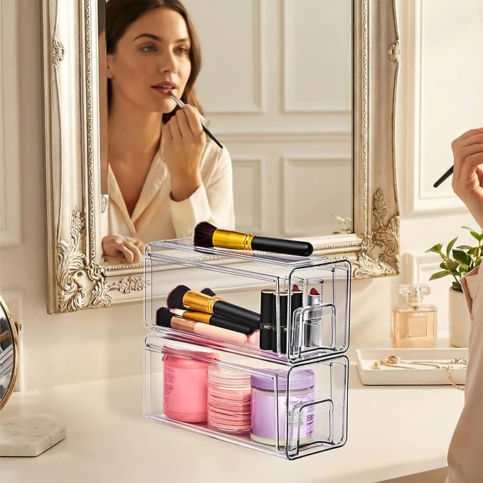 Sorbus Small Clear Stackable Storage Drawers 2-Pack Plastic Organizer Bins with Handles Pull-Out Drawers for Bathroom Closet, Medicine, Cabinet, Pantry Storage, Baby Bottle Organizer