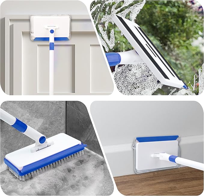 Baseboard Cleaner Tool with Long Handle,Wall Cleaner Mop with Extendable Handle 1 Stiff Bristles mop Head and 4 Reusable Cleaning Pads，Duster for Cleaning Tile Ceiling Window Skirting Board (Blue)