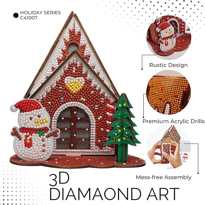 Party Ready 3D Diamond Painting Gingerbread House Christmas Cabin Kit – DIY Holiday Décor, Full Drill Mosaic Art, Festive Craft Kit (Christmas Cabin)