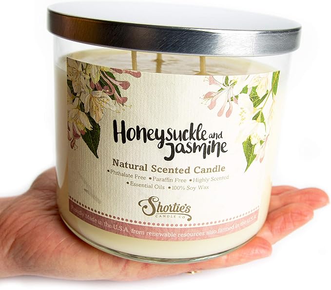 Honeysuckle Jasmine Highly Scented Natural 3 Wick Candle, Essential Fragrance Oils, 100% Soy, Phthalate & Paraben Free, Clean Burning, 14.5 Oz.