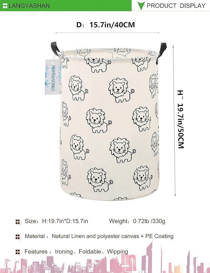LANGYASHAN Laundry Basket Canvas Fabric Collapsible Organizer Basket for Storage Bin Toy Bins Gift Baskets Bedroom Clothes Children Nursery Hamper (Lion)