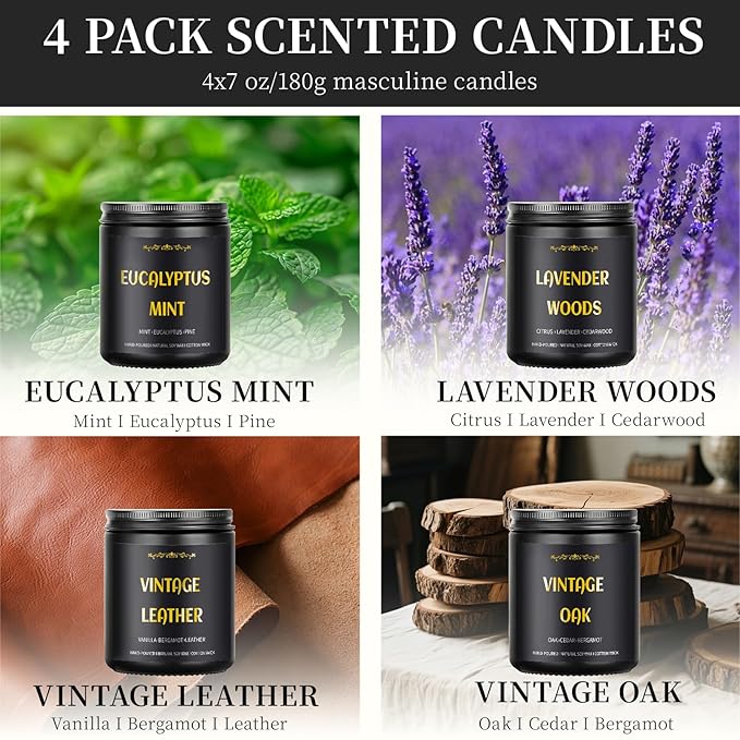 Scented Candles for Men, 4 Pack Mens Candle Set, Soy Candles for Home Scented, Masculine Candle Gifts for Him, 28oz, 200 Hours Burning Time Aromatherapy Candles of Lavender/Eucalyptus/Leather/Oak