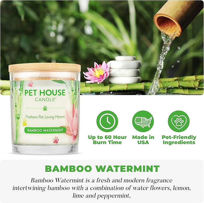 Pet House Candles, Plant-Based Pet Candle Clean Burning, 60 Hour Burn Time with a Natural Fiber Wick - Bamboo Watermint