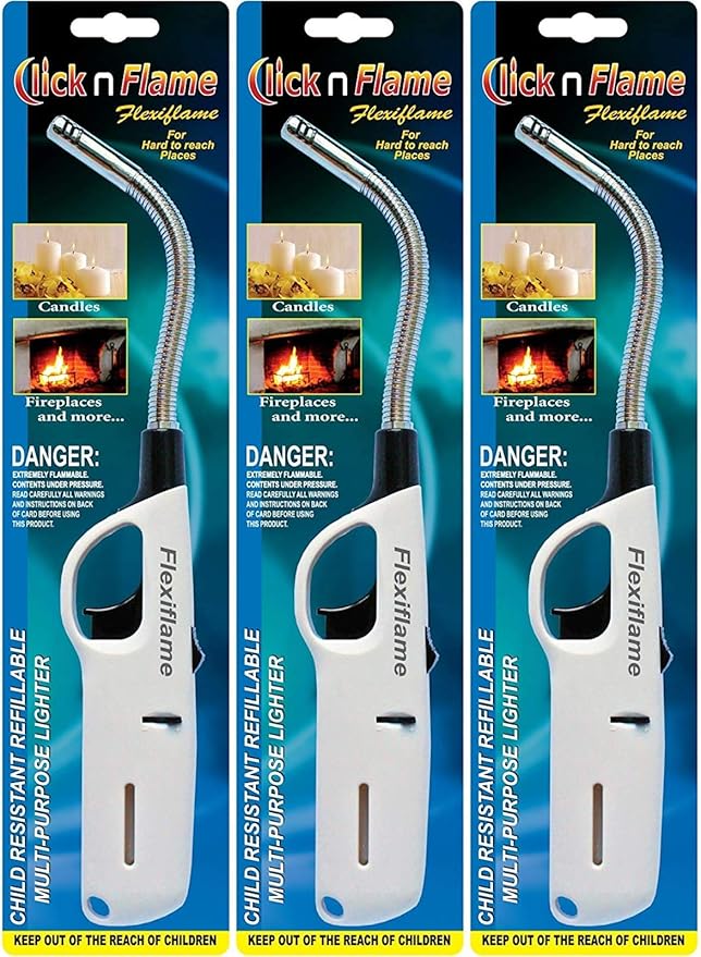 Click-n-Flame 3 Pack Long Flexible Lighter, Refillable Butane, White, Modern Style, Plastic Core, Metal Alloy
