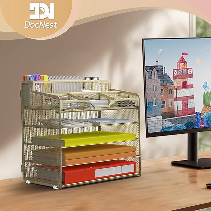 Docnest 5 Tier Mesh Desk Organizer for Paper Office Supplies – Multi-Functional Letter Tray with 5 Adjustable Compartments, 3 Pen Holders, Desktop Storage for Files, Mail, Stationery – Gold