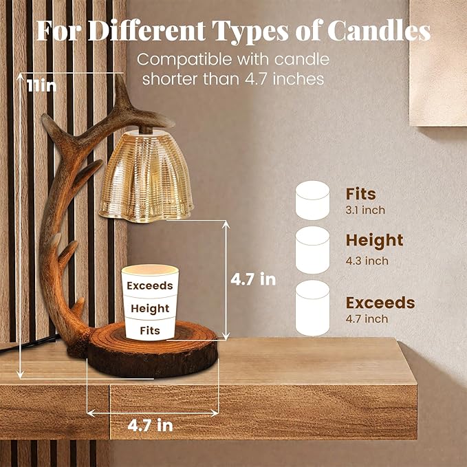 Candle Warmer Lamp | Rustic Candle Warmer Lamp with Timer and Dimming Function | Suitable for Retro Decoration and Creative Gifts Features A Resin Reindeer Antler Design and Comes with 2 Light Bulbs