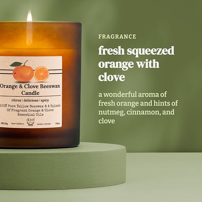Orange Clove Organic Beeswax Candle | 2 Ingredients | 100% Pure Beeswax Candles, Non Toxic, Natural, Organic Candles, Beeswax Candles Scented, Non Toxic Candles, 80 Hour, 14oz