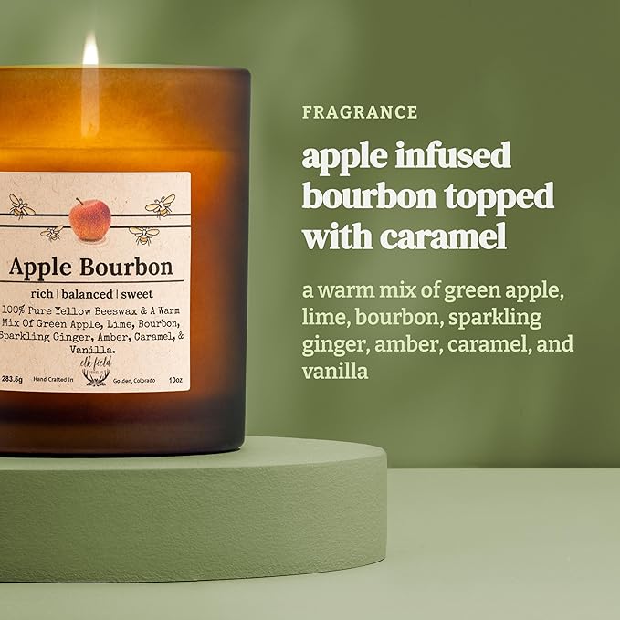 Apple Bourbon Organic Beeswax Candle | 2 Ingredients | 100% Pure Beeswax Candles, Non Toxic, Natural, Organic Candles, Beeswax Candles Scented, Non Toxic Candles, 80 Hour, 14oz