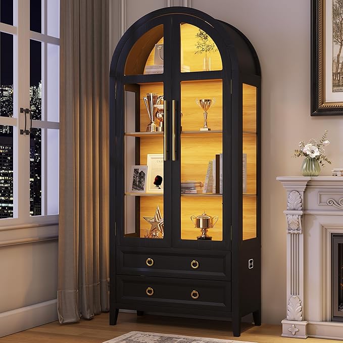 LVSOMT 71" Tall Arched Storage Cabinet with Glass Doors and Drawers, Curio Display Cabinet with Adjustable LED Light & Human Sensor, 4-Tier China Cabinet for Living Room(Black+Wood)