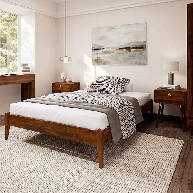 Bme Dinkee 15 Inch Signature Bed Frame Without Headboard - Modern & Minimalist Style with Acacia Wood - 12 Strong Wood Slat Support - Easy Assembly - No Box Spring Neededd - Dark Chocolate, Full