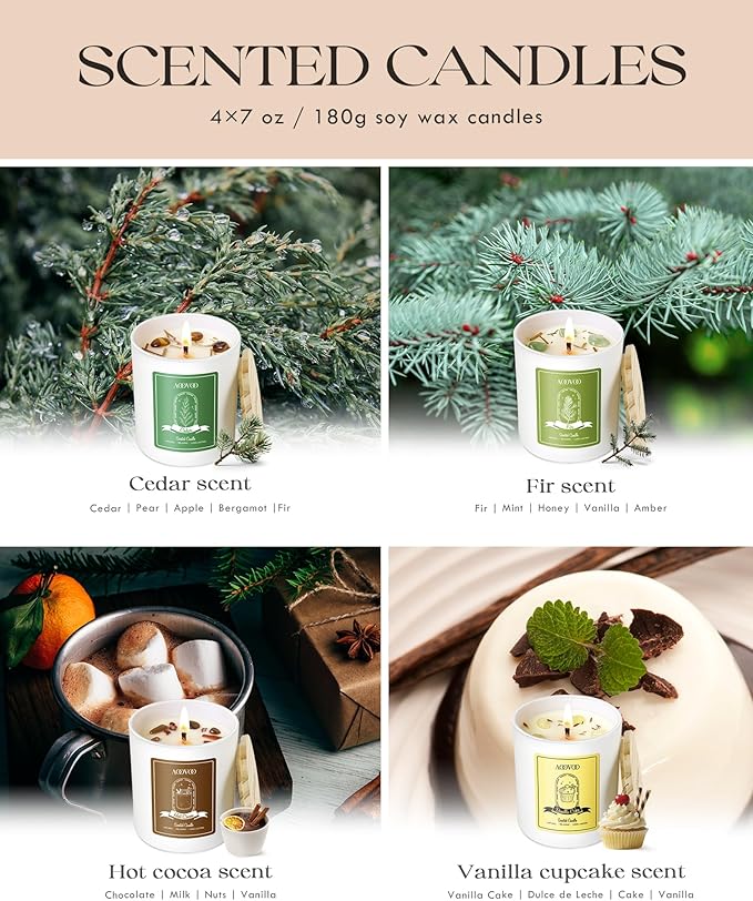 AOOVOO Holiday Candles Set for Women - 4 Pack Candles for Home Scented, Aromatherapy Candle with Crystals, 28 oz 200 Hour Long Lasting Candle, Winter Fragrance of Cedar, Fir, Hot Cocoa, Vanilla Cake