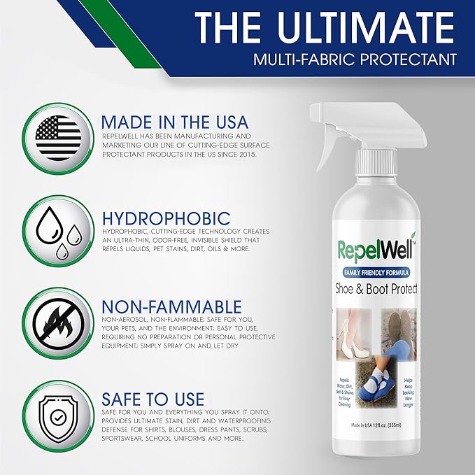 RepelWell Shoe & Boot Stain & Water Repellent (12oz) Eco-Friendly, Pet-Safe Spray Keeps Fabric, Leather & Suede Clean & Dry