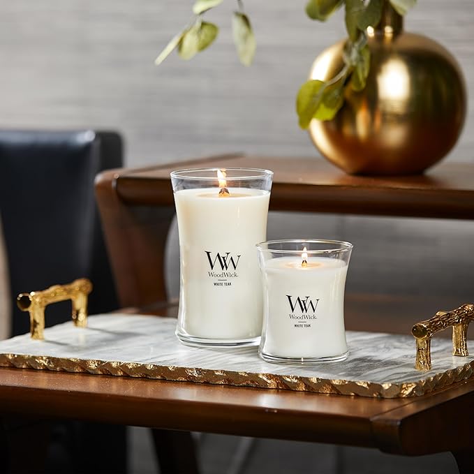 WoodWick Large Hourglass Candle in White Teak Premium Soy Blend Wax with Crackling Pluswick Innovation Wood Wick