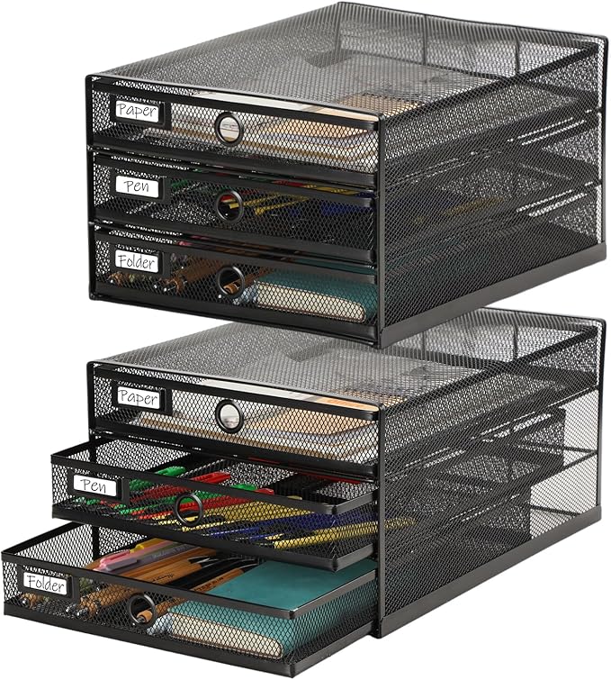 Zhanmai 1 Pack Black Desk Organizer with Drawer Total Wire Mesh Storage Tray Multifunctional Paper Sorter File Stand for Home Office Supplies Letter A4 Paper Office Accessories Back to School (3 Tier)