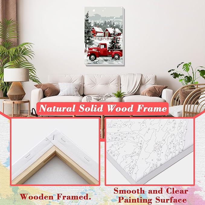Skyboda Christmas Tree Paint by Numbers Kit for Adults Beginners with Frame, Red Truck Adult Paint by Number Kits on Canvas, Easy DIY Oil Painting Kits for Home Decor, 8x12in