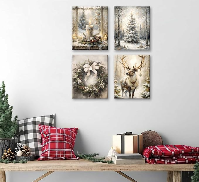 Paint by Number Kit for Adults & Kids, 4 Pack Winter Christmas Scenes (Reindeer, Snowy Tree, Candle Display, Wreath) 12x16Inch Unframed, DIY Acrylic Painting Kit with Brushes & Paints