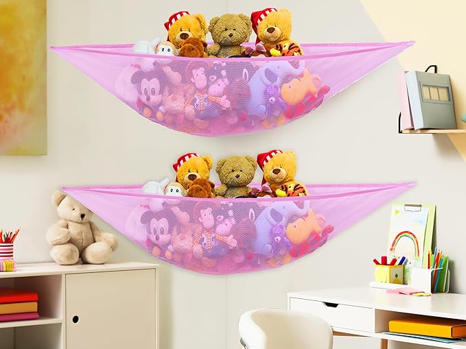Simple Houseware 2 Pack Stuffed Animal Toy Hammock Net, Corner Wall Storage for Kids Room, Pink
