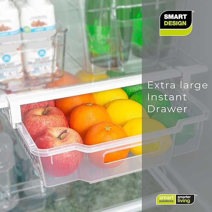 Smart Design Adjustable Pull Out Refrigerator Drawer - Extra Large - BPA Free Plastic - Holds 20 lbs - Extendable Sliding Fridge Bin, Freezer, Pantry Food Holder Storage Organizer - Kitchen - Clear