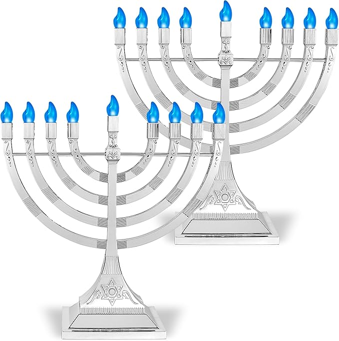 Zion Judaica Pack of 2 Hanukkah Electric Menorahs LED USB Powered Menorah Electronic Hanukkiah Battery Minorah Flamless Chanukah Candles (Silver, 2)