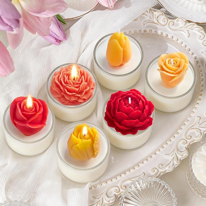 6 Pcs Flower Candle Molds, Different Flowering Peony/Rose/Tulips 3D Flower Silicone Molds for Candle Making, Handmade Soap, Epoxy Resin Casting Floral Home Decor, Wedding/Valentine/Mom Gifts